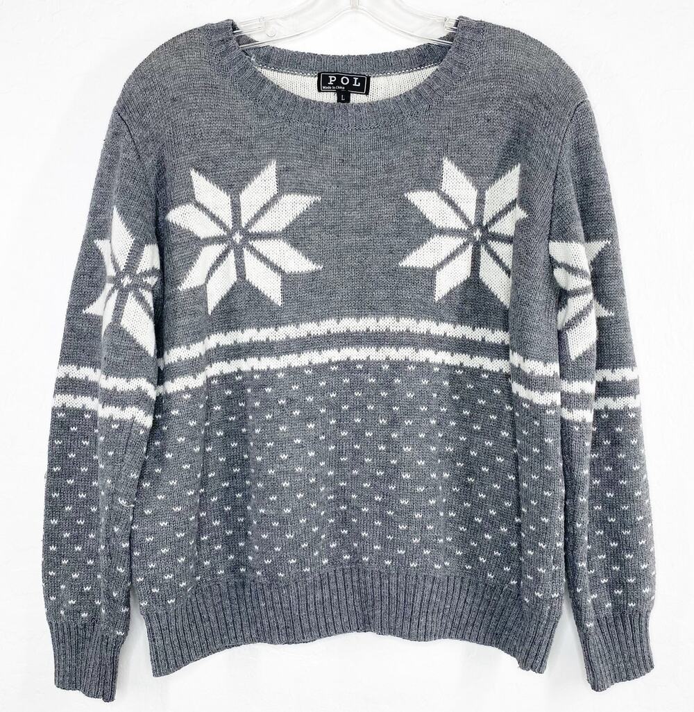 POL Nordic Fair Isle Snowflake Sweater Gray White Double Knit Crew Neck Large